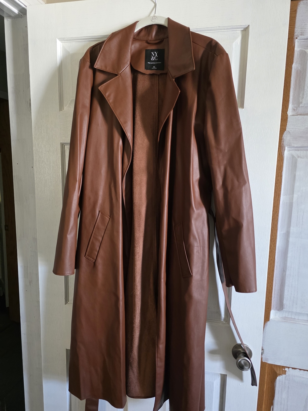 New York & Company Brown Faux Leather Long Trench Coat